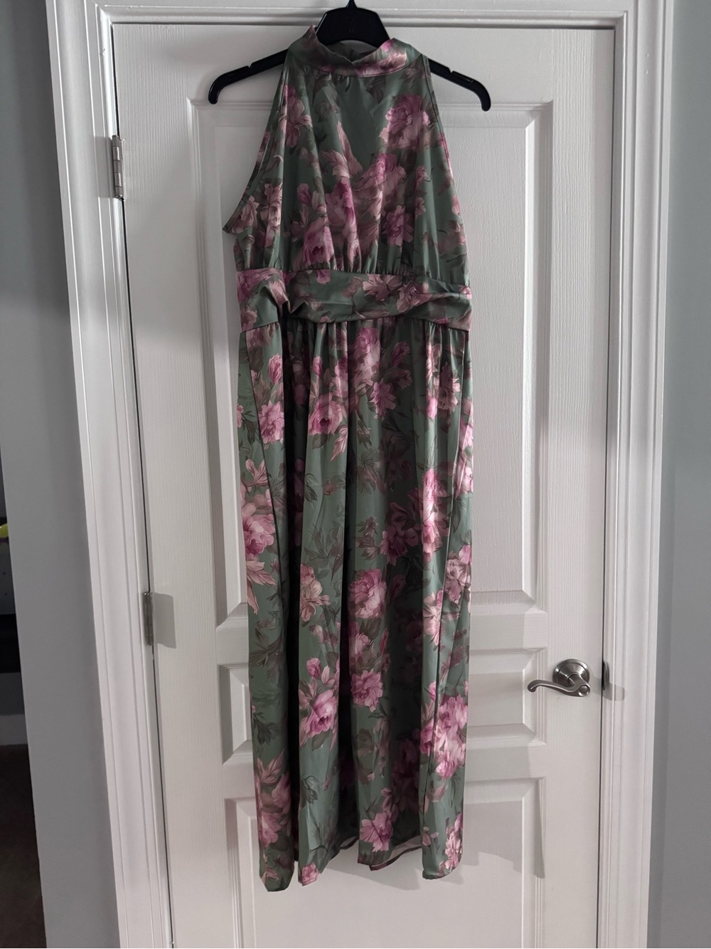 SHEIN Sage Green Halter Maxi Dress with Pink Floral Print